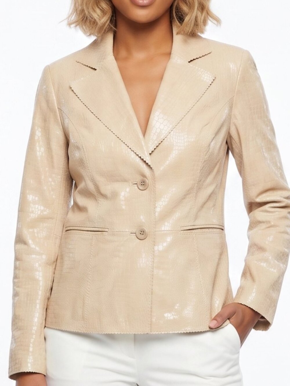 NWT 🌺 Bradley Bayou Genuine Leather Croc Embossed Blazer Size S Cream